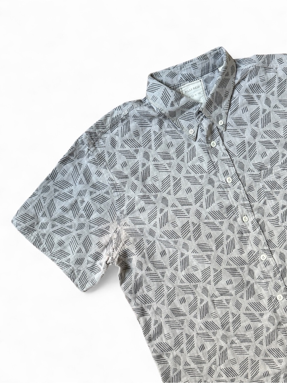 Billy Reid Short Sleeve Geometric Mens Large Button Down Shirt Grey Standard Cut